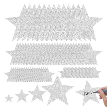 Imagem de Starboling 120 peças de recortes de estrela prateada, 4 tamanhos de papel de estrela com glitter prateado para quadro de avisos, decorações de parede de sala de aula