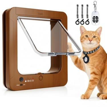 Imagem de Porta inteligente para gatos, porta para gatos com 2 chaves de sensor de coleira e controle remoto, aba para gatos com trava de 4 vias com coleira RFID, abertura automática