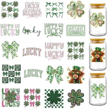 Imagem de Adesivos UV DTF Dia de São Patrício, 20 folhas, trevo verde Happy Lucky UV DTF para garrafa de água de vidro de 473 ml, adesivo de transferência de laços de vaca Highland fofo DIY Tumbler Journal