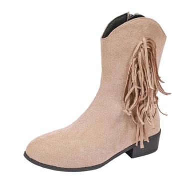 Imagem de Botas femininas quentes e versáteis, plus size, moda inverno, borla, zíper lateral, salto grosso, entressola para outono, inverno, lazer ao ar livre, Bege, 36