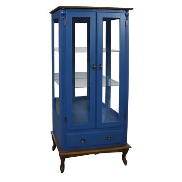 Imagem de Cristaleira Rústica De Madeira 2 Portas E 1 Gaveta - Pés Luiz Xv - Azul Bic Com Tampo E Base Imbuia Glazer