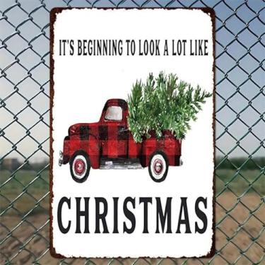 Imagem de Árvore de transporte de caminhão de Natal, decorações de Natal, arte de parede de alumínio rústico e placa de metal - 20 x 30 cm, decoração vintage interna e externa para casa, escritório, café