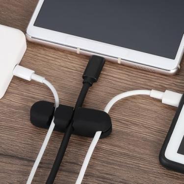 Imagem de Generic 2 peças 3 furos 62 mm clipe de cabo preto suporte de fio de silicone organizador de cabos adesivo para montagem em mesa de escritório em casa