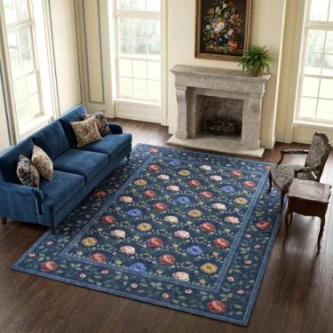 Imagem de GarveeHome Tapete de área lavável azul marinho Boho para sala de estar, tapete floral vintage, antiderrapante, resistente a manchas, estampa botânica, macio, para quarto, sala de jantar, berçário