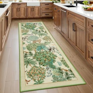 Imagem de GarveeHome Tapete de selva 5 x 15 cm tapete de cozinha antiderrapante lavável para corredores, tapetes de corredor com estampa de animais com suporte de borracha macio de baixa pilha floresta tapete