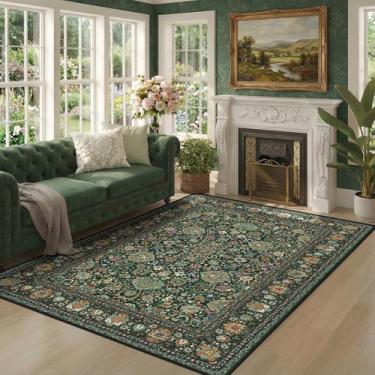 Imagem de Tapete verde escuro 10 x 15 cm com suporte antiderrapante, tapetes laváveis para quarto, sala de estar, cozinha, tapete envelhecido, estampado, macio, para dormitório, decoração de quarto