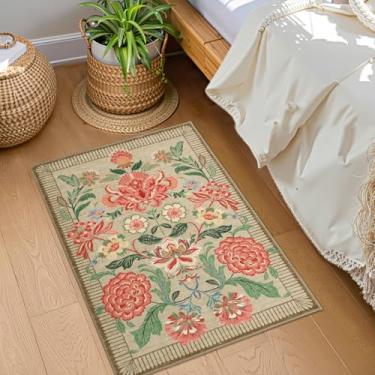 Imagem de GarveeHome Tapete de porta floral rosa camelo 2x3 tapetes para entrada pequeno marrom acinzentado vintage boho chalé lavável antiderrapante tapete de pelo baixo para quarto, cozinha, banheiro, entrada