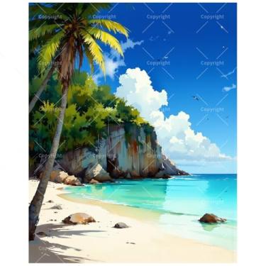 Imagem de Kit de pintura de praia tropical por números para adultos – DIY palmeiras e penhascos à beira-mar pintura em tela 40,6 x 50,8 cm, conjunto de tinta acrílica, adequado para iniciantes, arte para