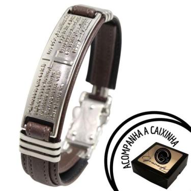 Imagem de Pulseira Masculina Feminina Pai Nosso Crucifixo Couro Marrom - Granado