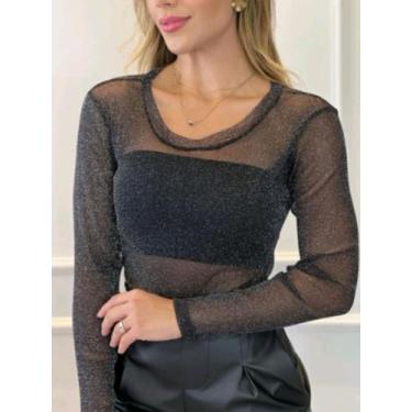 Imagem de Body Feminino Tule Manga longa Transparencia modelo Zebra, Preto e Lur