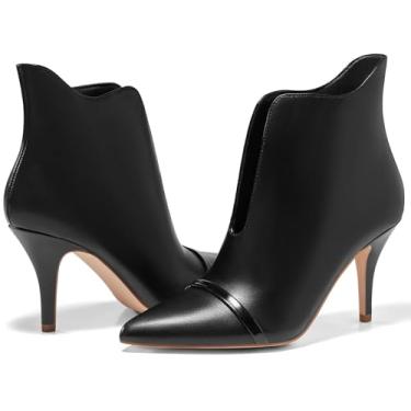 Imagem de Coutgo Bota feminina sem cadarço com corte em V, bico fino, salto alto, botas de inverno, Preto, 36
