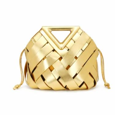 Imagem de Bolsa de Mão Dourada com Alça de Ombro, Couro PU Trançado, Design Glamouroso, 25x24x25cm