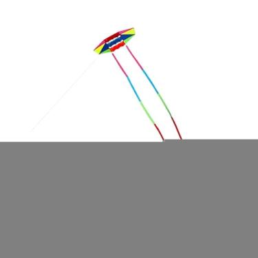 Imagem de Esquirla Pipa colorida com cauda longa, brinquedo voador para crianças e adultos, e inovadora para diversão ao ar livre em gramados quintais.