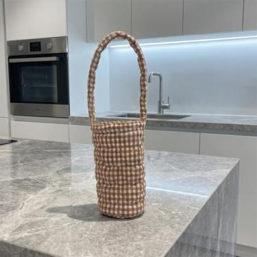 Imagem de Manga para copo com isolamento quadriculado, suporte de copo de tecido acolchoado com alça, bolsa térmica portátil para garrafa de água (marrom)