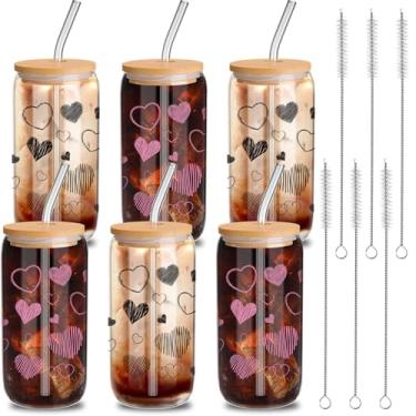Imagem de Yetene 6 conjuntos de copos de vidro rosa e preto, copos de copo de dia dos namorados de 473 ml com tampas e canudos de bambu em forma de lata, copos de vidro transparente para café gelado, potes para
