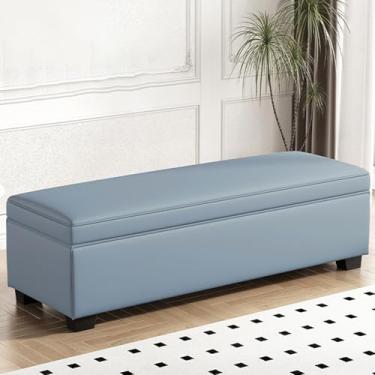 Imagem de Modern Entryway Wood Storage Bench, Wrapped in PU Leather, with Sturdy Legs, Hidden Storage, High-resilience Foam Padding, Suitable for Bedrooms(Blue,120 * 40 * 40cm/47 * 16 * 16in)