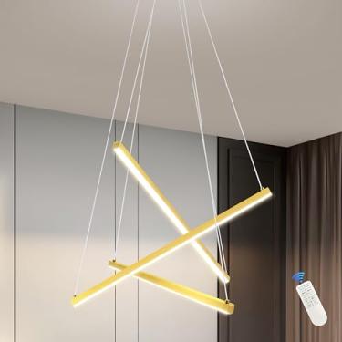 Imagem de Mccokaige Lustre de LED moderno de 3 luzes dourado de 58 cm para cozinha, lustre de LED linear regulável para quarto, luz pendente moderna com controle remoto para sala de estar, cozinha, quarto, hall
