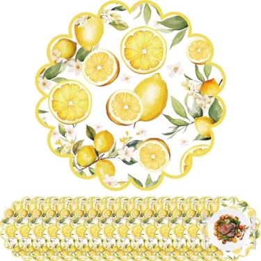 Imagem de 100 peças de jogo americano de papel limão frutas amarelas tapetes de mesa de jantar decorativos redondos descartáveis com bordas recortadas recortes de papel para primavera, aniversário, festa de