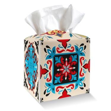 Imagem de Suporte quadrado para caixa de lenços - Capa de caixa de lenços de couro PU floral boho colorido com cinto inferior, dispensador de papel facial para mesa, banheiro, cozinha, carro e escritório -035