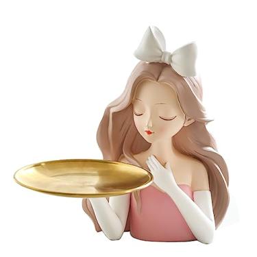 Imagem de ZJchao Decoração de Armazenamento de Entrada Esculturas de Meninas Bandeja de Decoração de Varanda para Sala de Estudo Porta-chaves Organizador de Joias Estatueta de Mesa (Garota com laço)
