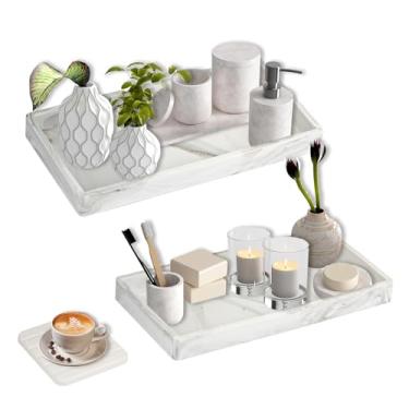 Imagem de 2 bandejas de banheiro de mármore de silicone com 1 porta-copos de diatomita, antiderrapante, impermeável, tapete absorvente, organizador de bancada para dispensador de sabonete, perfume, chaves, pia