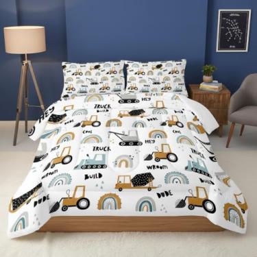 Imagem de QOOMO Conjunto de edredom de trator e caminhões, veículo de construção, para crianças, meninos, escavadeira, guindaste, caminhão, conjunto de edredom tamanho Queen, 3 peças, decoração de quarto