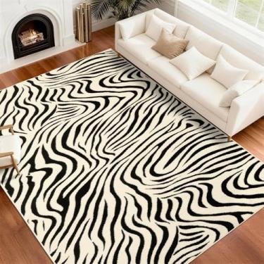 Imagem de YIHOUSE Tapetes de área de 2 x 3 m, tapete lavável abstrato, tapete preto e branco moderno para quarto, sala de estar, sala de jantar, escritório, sala de jogos, decoração de casa, tapetes de zebra