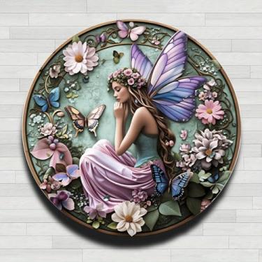 Imagem de Fada em medalhão com borboletas vintage rústico alumínio metal redondo placa de parede, 20 cm, presentes internos e externos e decoração para casa, escritório, café e fazenda