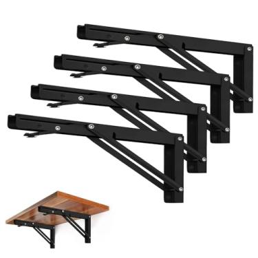 Imagem de Suportes de prateleira dobráveis - Suporte de prateleira dobrável de metal resistente para mesa de banco, dobradiça de prateleira suporte DIY montado na parede, carga máxima: 68 kg (16 polegadas 4 peças, preto)