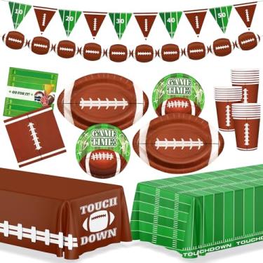 Imagem de 99 peças de utensílios de mesa de festa de futebol com banner, conjunto de 24 pratos de futebol americano guardanapos copos para decoração de festa de touchdown, pratos de papel descartáveis em forma
