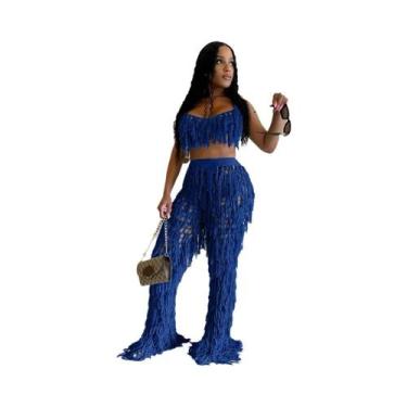Imagem de Conjunto De Praia Feminino Sexy Em Crochê Com Franjas, Top Cropped Com