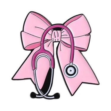 Imagem de Broche De Esmalte Rosa Com Laço Gótico De Halloween, Estetoscópio E Es
