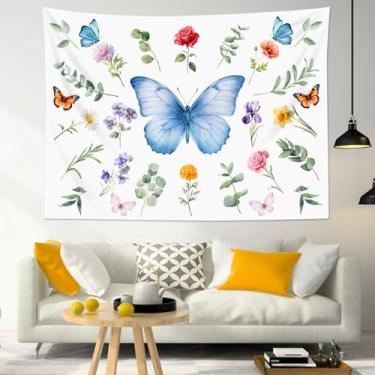 Imagem de SwiftSculpt Tapeçaria de planta borboleta para quarto, tapeçaria de parede azul floral feminina, tapeçarias botânicas de folhas e flores para decoração de sala de estar, dormitório, 152 x 101 cm