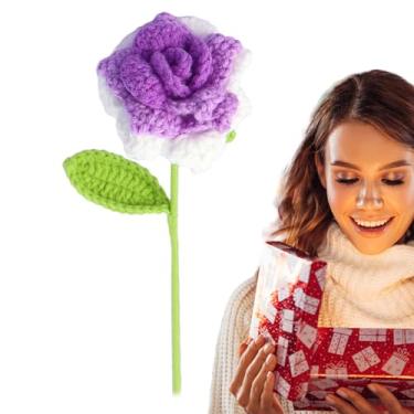 Imagem de Flores de tricô – Flor artificial de rosa colorida do dos Namorados | Decoração de casa rosa de lã macia feita à mão, flores de crochê DIY para aniversários de casamento