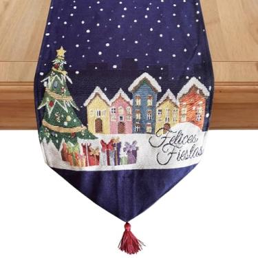 Imagem de Caminho de mesa de Natal 33 x 188 cm, cachecol de mesa de Natal tecido jacquard com borlas, cena de neve de vila europeia, festas festivas, festas de inverno, casa, cozinha, decoração de mesa de