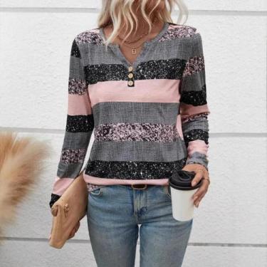 Imagem de Blusa Feminina Listrada de Manga Comprida - Decote V - Casual - Primav