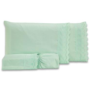 Imagem de Jogo De Cama Lençol King Sublime Bordado Inglês Percal 300 Fios Com Fronhas 04 Peças - Toque Acetinado Cor Verde Menta