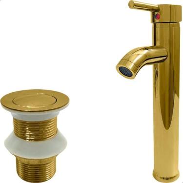 Imagem de Kit Banheiro Torneira Dourada Monocomando Agua Quente Fria Bica Alta e
