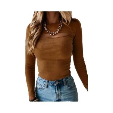 Imagem de Camiseta Feminina Slim Fit De Manga Longa Em Tricô Vazada Lisa Preta E