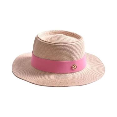 Imagem de Chapéu De Sol Feminino De Palha Para Verão Com Aba Reta E Fita  Boné D