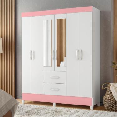Imagem de Guarda Roupa Casal Infantil Cancun 6 Portas 2 Gavetas MDP com Espelho Branco Rosa Casa H