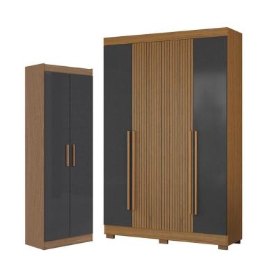 Imagem de Guarda Roupa Solteiro e Armário Multiuso 2030240 2000191 6 Portas 2 Gavetas MDP Atacama Grafite Aramóveis