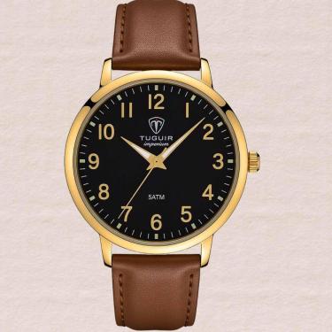 Imagem de Relógio Masculino Tuguir Clássico Social Couro Preto Analógico Quartz Caixa Prata 5ATM Resistente Água Elegante TC30489