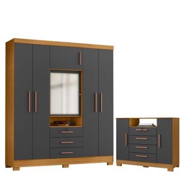 Imagem de Cômoda Madri E Guarda Roupa Casal Imperial Carvalho Americano Grafite- Incorplac