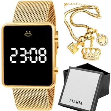 Imagem de Relogio Digital Feminino Dourado + Pulseira Aço Inox Casual Social Pul