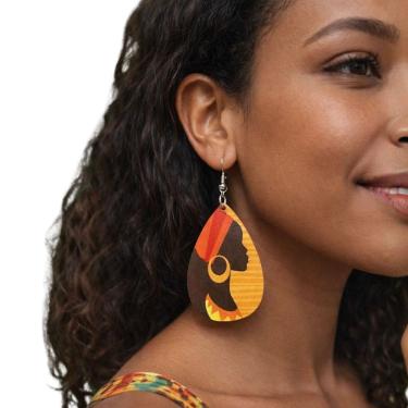 Imagem de Brinco Afro Madeira Estampa Étnica Gota Colorido Luxo Festa