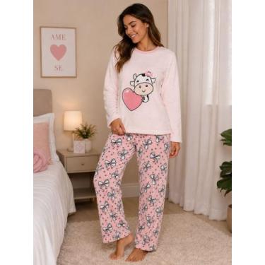Imagem de Pijama Feminino Fleece Plush Pelinhos Quentinho Inverno Frio Neve Pelu