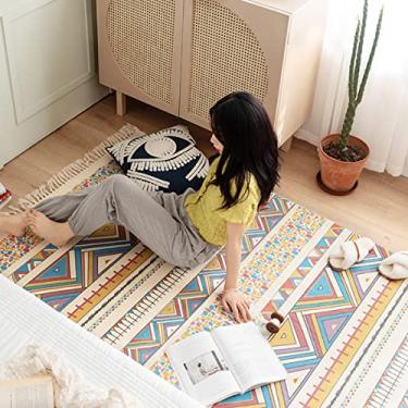 Imagem de jia cool Tapete de área estilo boêmio moderno, (47" x 71"), algodão, lavável, tapetes de área vintage com borla, para sala de estar da cozinha