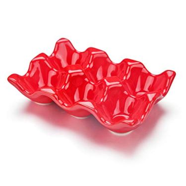 Imagem de Porta-ovos de cerâmica com 6 xícaras da URWOOW, meia dúzia de bandejas brancas de porcelana, caixa para armazenamento (vermelha)