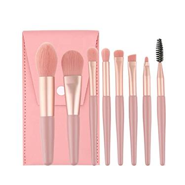 Imagem de 8 peças de pincéis de maquiagem portáteis para viagem, mini ferramentas de beleza, escova macia, alça de madeira, base para sobrancelha e blush, pincel de maquiagem (rosa)